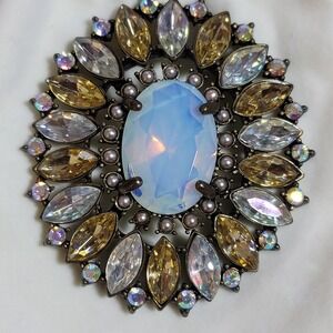 Large Opaline Glass Rhinestone Brooch Statement Pin Aurora Borealis Crystal